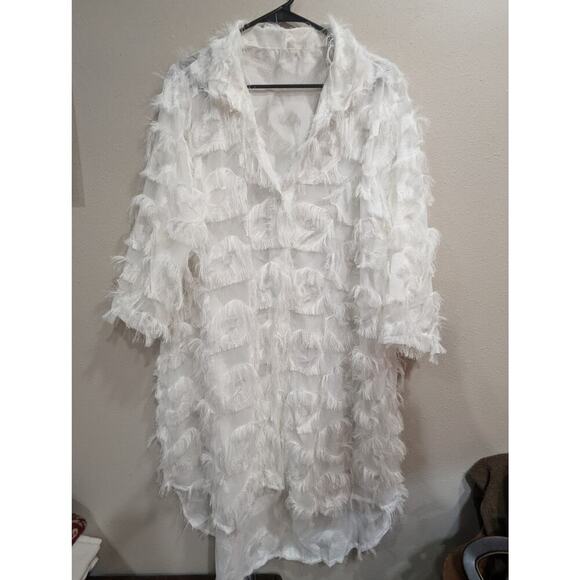 White gauzy eyelash fringe collared buttoned dress w/3/4 length sleeves XL - Picture 1 of 9